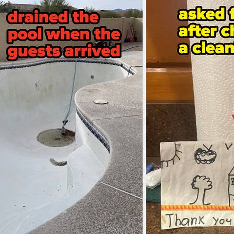 Left: Empty swimming pool. Right: Child's drawing with "Thank you for your tip!" written