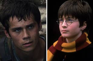 Side-by-side of characters: shirtless young man with dirt on face; boy with glasses and scarf