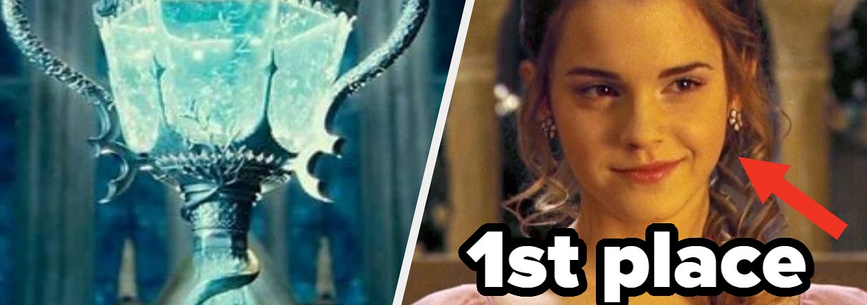 Split image with a trophy on the left and Hermione Granger smiling in dress on the right, labeled 1st place