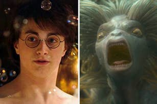 Harry Potter with glasses on the left and a surprised merperson on the right from the film series