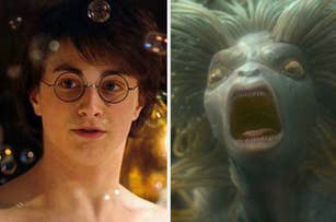Harry Potter with glasses on the left and a surprised merperson on the right from the film series