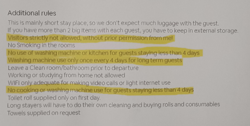 List of house rules for guests, including restrictions on luggage, smoking, kitchen use, and requirements for long stays