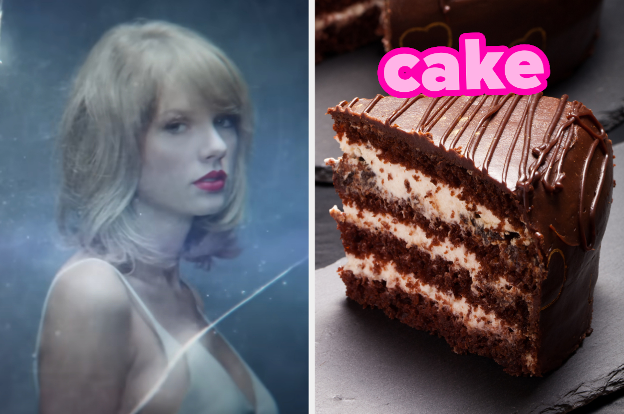 On the left, Taylor Swift in the Style music video, and on the right, a slice of chocolate cake