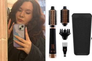 Woman takes a selfie with phone; on the right are a hair styling brush and a phone case displaying their designs