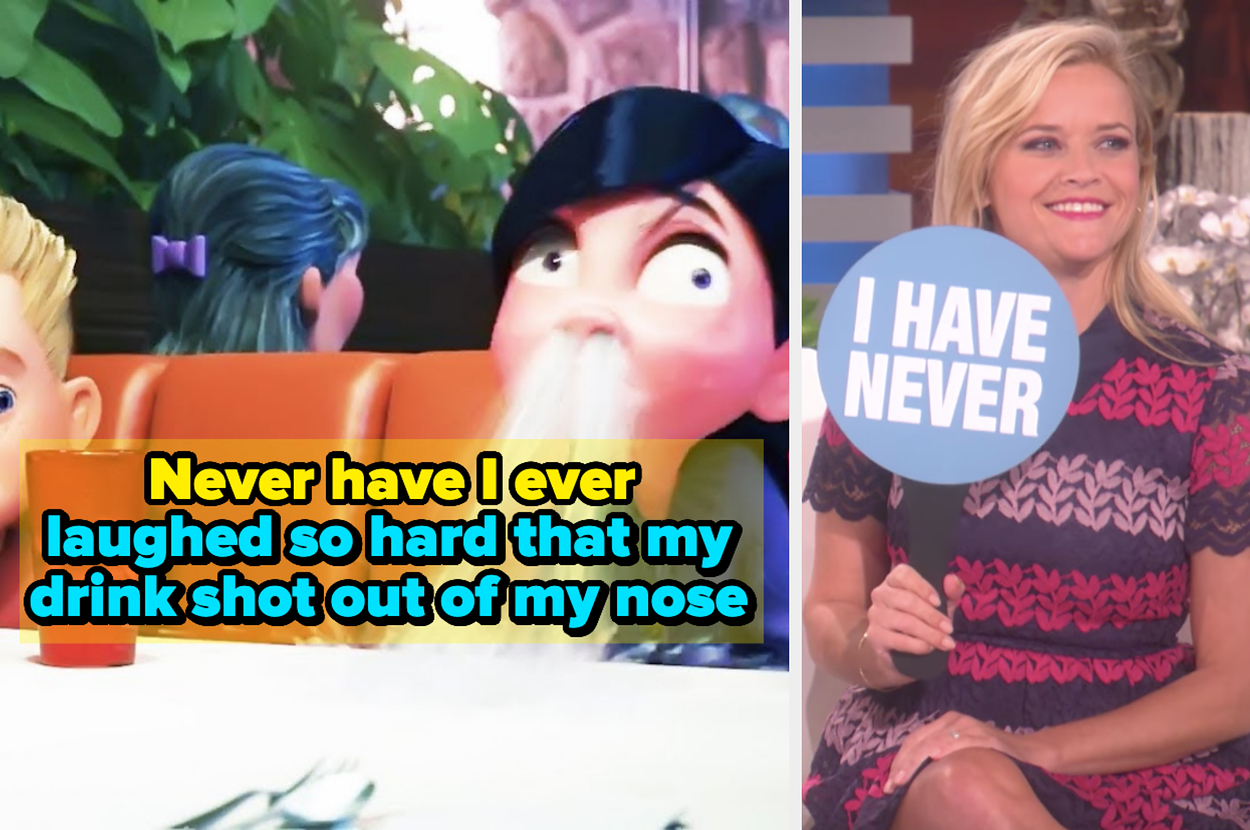 Left: Animated character Coraline reacting in surprise. Right: Celebrity Reese Witherspoon holding a sign, wearing a patterned dress