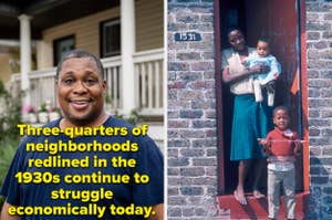Composite image: left, Kenan Thompson smiling in front of a house; right, a woman and two children by a doorway, with a text overlay about redlining