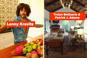 Split image; left: Lenny Kravitz in casual home attire, right: text "Troian Bellisario & Patrick J. Adams" over a living room view