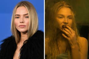 Split image Sasha Luss left in fur attire, right with a scary bloody face