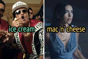 On the left, Bruno Mars in the 24K magic music video labeled ice cream, and on the right, Dua Lipa in the Levitating music video labeled mac n cheese