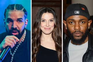 Drake poses with Millie Bobby Brown at two events, one in casual attire and one in formal wear