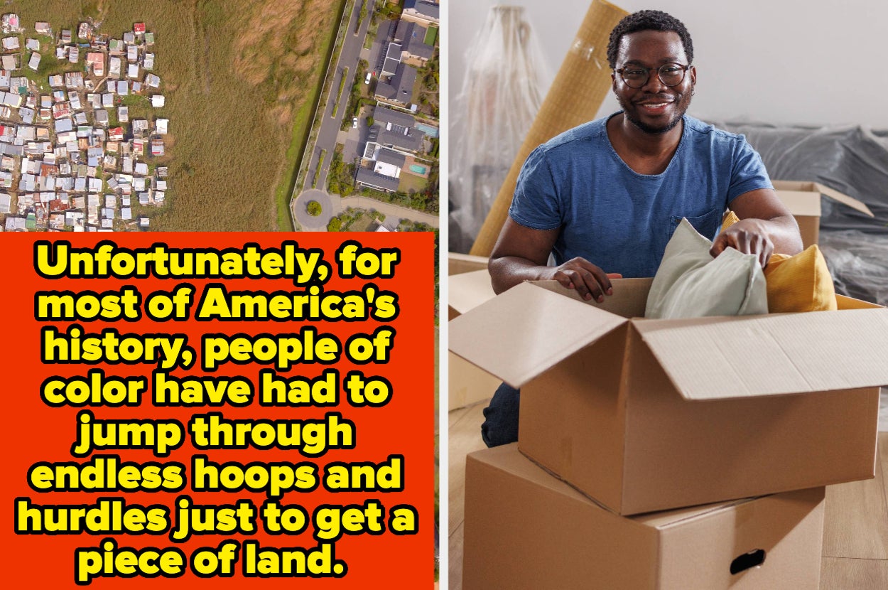 Overhead view of a crowded housing area and a man smiling, holding a box, with commentary on historical housing inequality