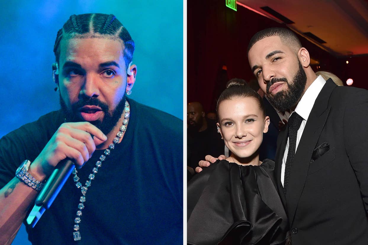 Drake performing with a microphone; Drake in a suit smiling with Millie Bobby Brown in a black outfit