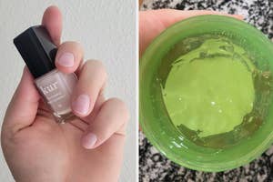 Hand displaying pale pink nail polish alongside a jar of green nail strengthening gel