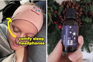 Person wearing sleep headphones; hand holding a bottle of essential oil blend