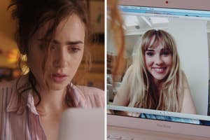 Split screen image with left side showing a woman looking down and right side displaying a laptop with a woman smiling on a video call