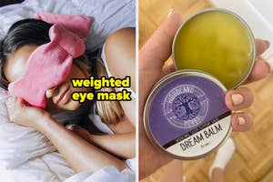 Person wearing eye mask in bed; hand holding a tin of Woodland Herbal Dream Balm