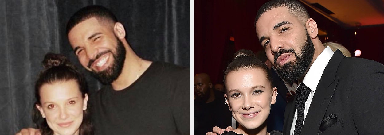 Drake poses with Millie Bobby Brown at two events, one in casual attire and one in formal wear