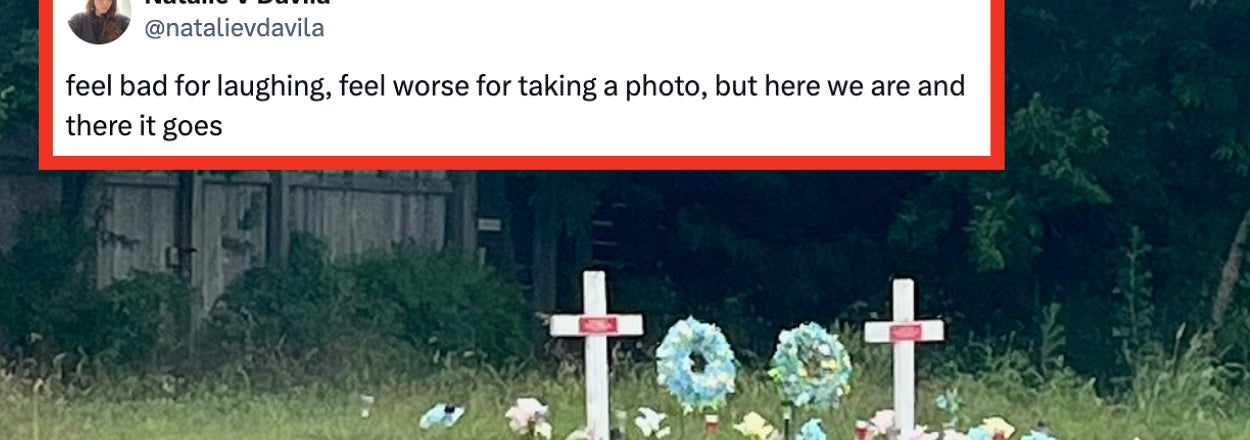 Roadside memorial with flowers and crosses, tweet joking about taking a photo of it