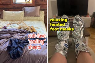 Person wearing thermal foot masks on bed with text "relaxing heated foot masks" and dog on "cool-fave cooling" sheets