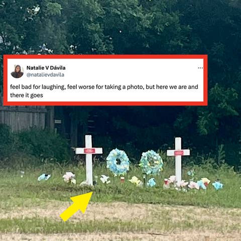 Roadside memorial with flowers and crosses, tweet joking about taking a photo of it
