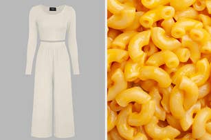 Two-panel image; left side features a long-sleeve, white dress with waist cut-out, right side shows a close-up of macaroni and cheese