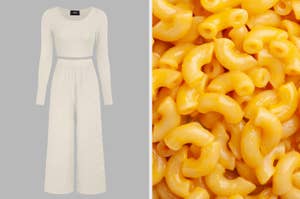 Two-panel image; left side features a long-sleeve, white dress with waist cut-out, right side shows a close-up of macaroni and cheese