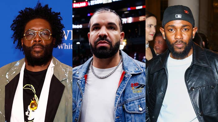 Questlove in a patterned jacket with sunglasses, Drake wearing a heart-part hair design and chain, and Kendrick Lamar in a black leather jacket