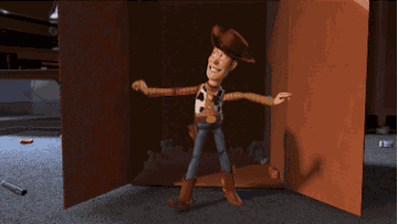 Woody from Toy Story dancing in a room with a playful expression