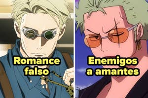Dos capturas de un personaje de anime, la izquierda con etiqueta "Romance falso" y la derecha "Enemigos a amantes"