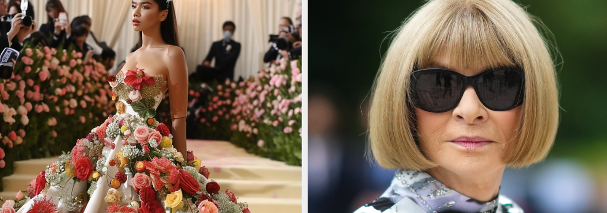 On the left, someone wearing a floral strapless gown, and on the right, Anna Wintour frowning