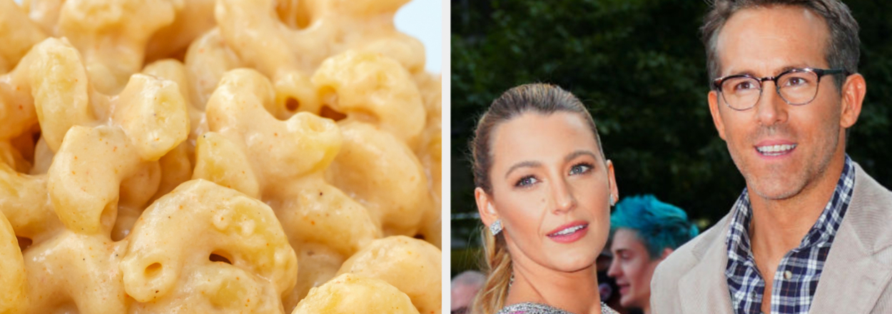 A plate of macaroni and cheese; Ryan Reynolds and Blake Lively posing together in formal attire