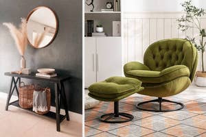 Velvet tufted swivel chair with matching ottoman in a modern home setting