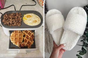 Left: Electric griddle with eggs, meat, and waffles. Right: Hand holding fuzzy slippers