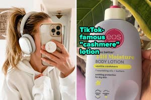 Person taking a selfie with headphones on and a hand holding a bottle of eos body lotion with text describing it as TikTok-famous