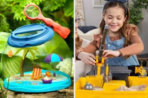 Left: mini magnifying set with beach-themed globe for observing bugs, Right: child playing with toy construction set