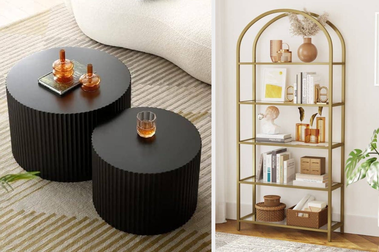 Two pieces of furniture: ribbed round black tables and a gold shelving unit with decor items