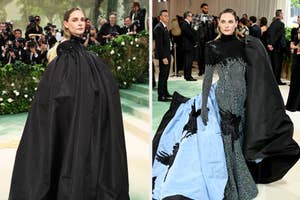 Keira Knightley in a black cape dress and an embellished gown with cape at a gala