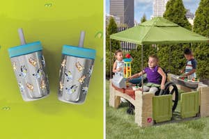 Left: Bluey-themed water bottles, Right: kids playing under shaded play set