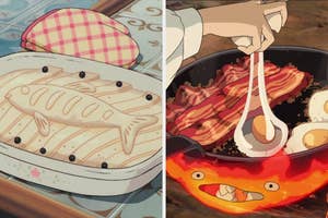 Animated images of food: left shows a fish pie, right shows bacon frying on a smiley face flame