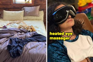 Person sitting wearing an eye massager and holding a device, with a dog lying on a bed in the background
