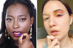 Two individuals showcasing bold makeup looks, possibly for a cosmetic product review or makeup trend feature