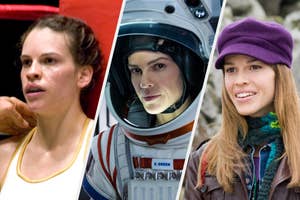 Three images of Hilary Swank in different roles: athlete, astronaut, and casual attire from "Million Dollar Baby," "Away," and "P.S. I Love You."