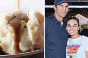 Two images; left shows a close-up of mashed potatoes with gravy, right features Milo Ventimiglia and Mandy Moore smiling