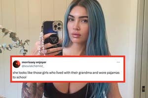 Woman with blue hair takes a mirror selfie, tweet overlay reads humorously about her style