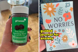 Hand holds a Thin Mints Seasoning Blend jar beside a 'No Worries' guided journal for anxiety