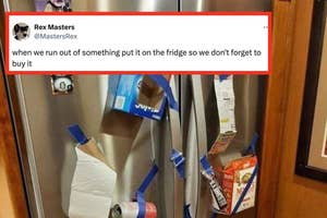 Empty product packages taped to a fridge as reminders to buy them. Tweet suggests using this method to remember purchases