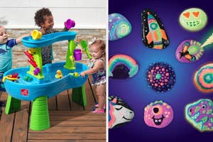 Left: children playing with water table toy, Right: painted glow-in-the-dark rocks