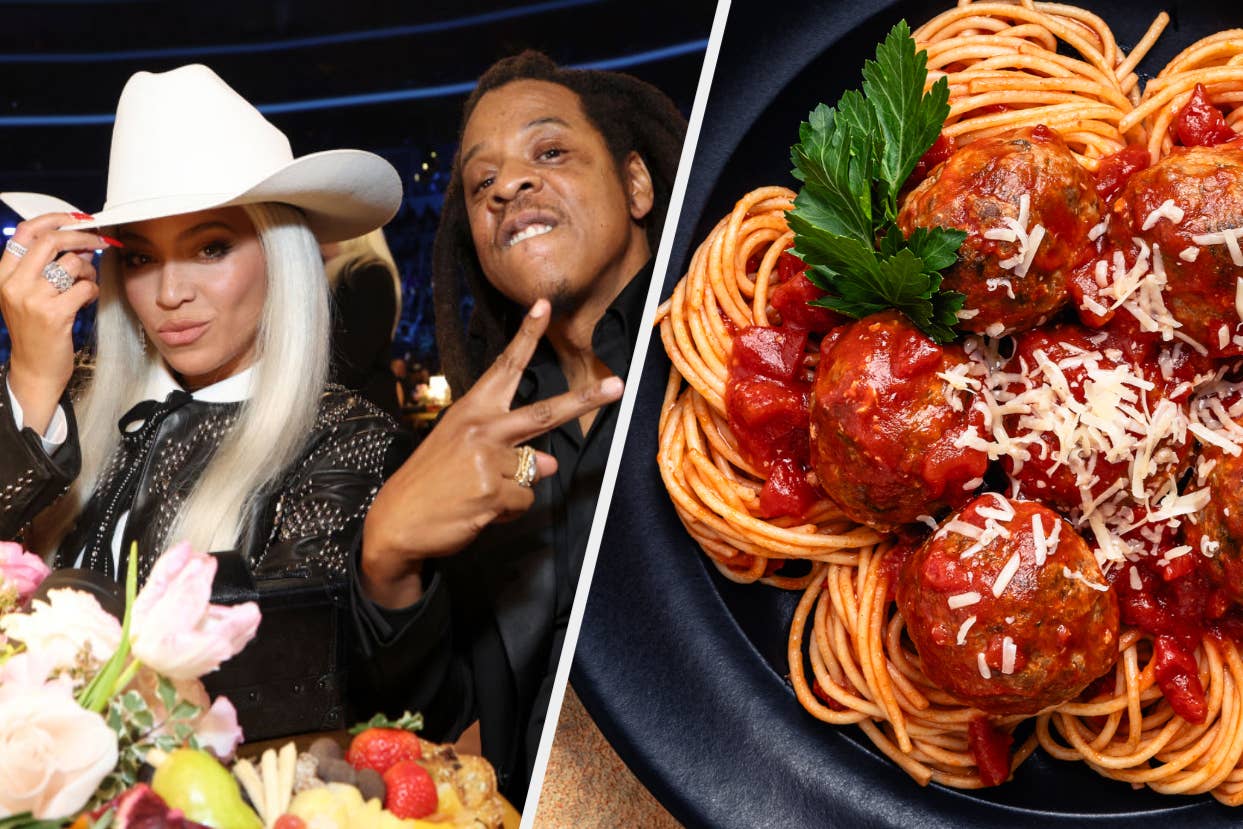Two celebrities posing with playful gestures next to a plate of spaghetti and meatballs