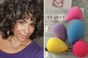Selfie of a woman with glowing skin next to makeup sponges from Beakey