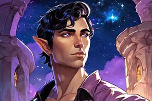 Illustration of a fae man with pointed ears, dark wavy hair, purple eyes, and a confident expression in a fantasy setting with stars and columns